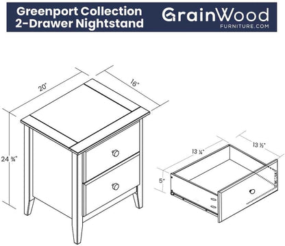 Solid Pine Wood 2-Drawer Nightstand – Brushed Walnut Bedside Table