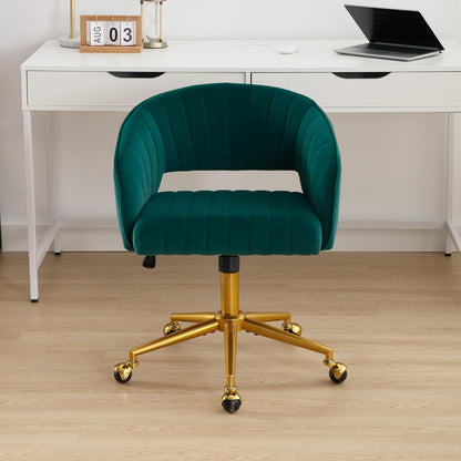 Red Velvet Swivel Desk Chair Adjustable Vanity Chair with Gold Base and Wheels