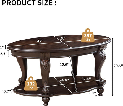 Oval Coffee Table with Storage Victorian Carved Wood 2 Tier Living Room Table