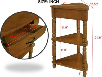 Wood Triangle Corner Table with Drawer and 2 Storage Shelves Navy Blue