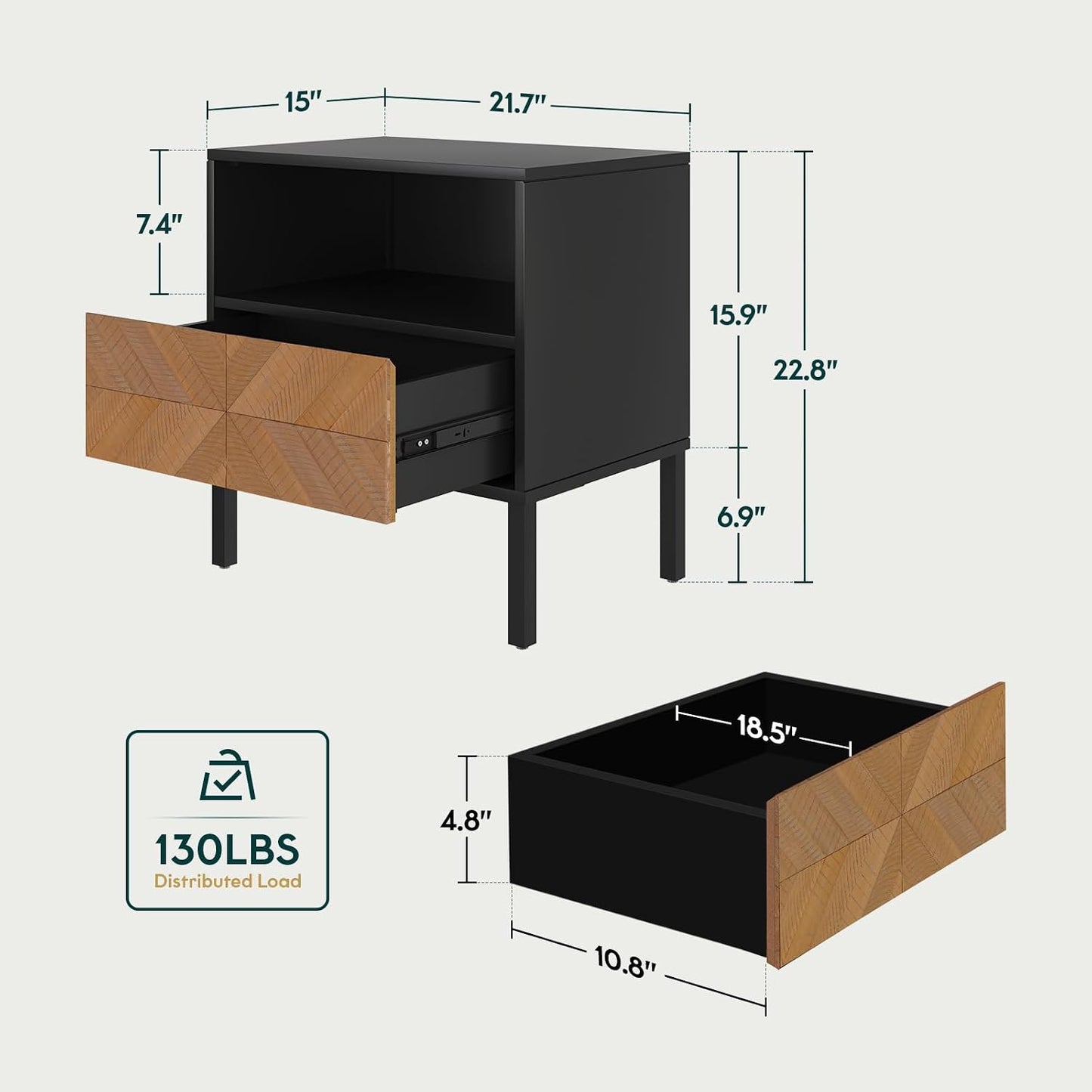 Solid Acacia Wood Herringbone Nightstand with Drawer & Open Shelf