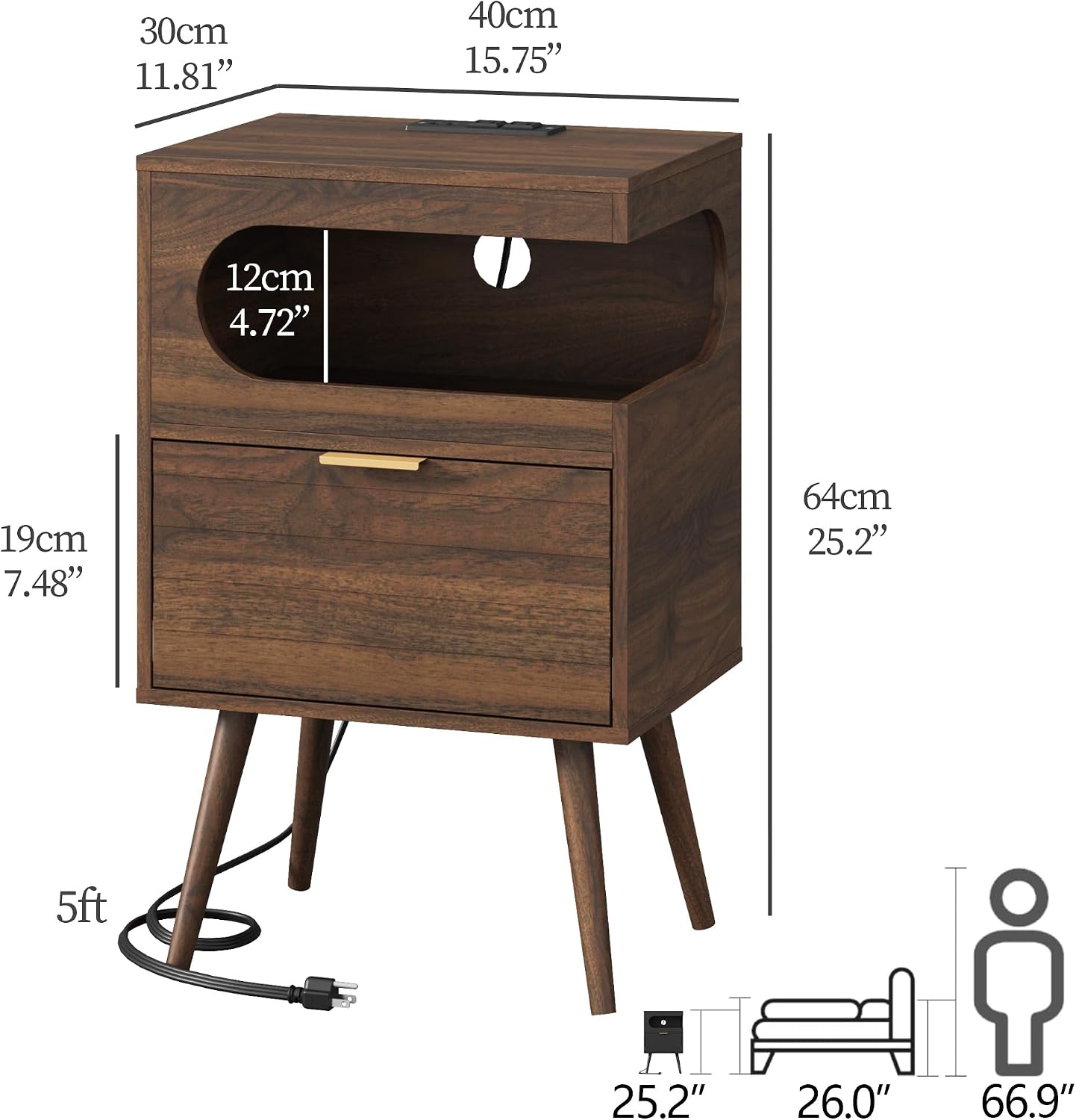 Modern Black Nightstand with Charging Station, LED Light & Storage Drawer