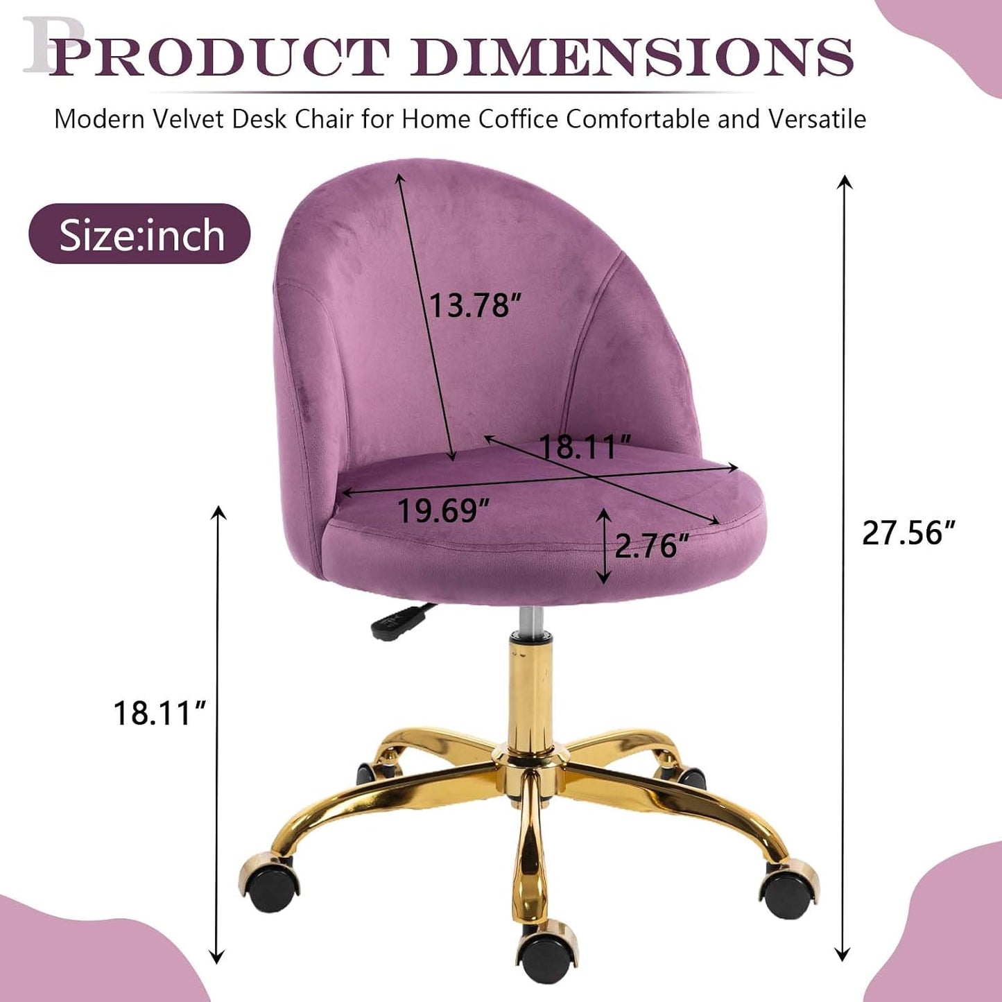 Black Velvet Vanity Chair Gold Base Adjustable Swivel Rolling Desk Chair