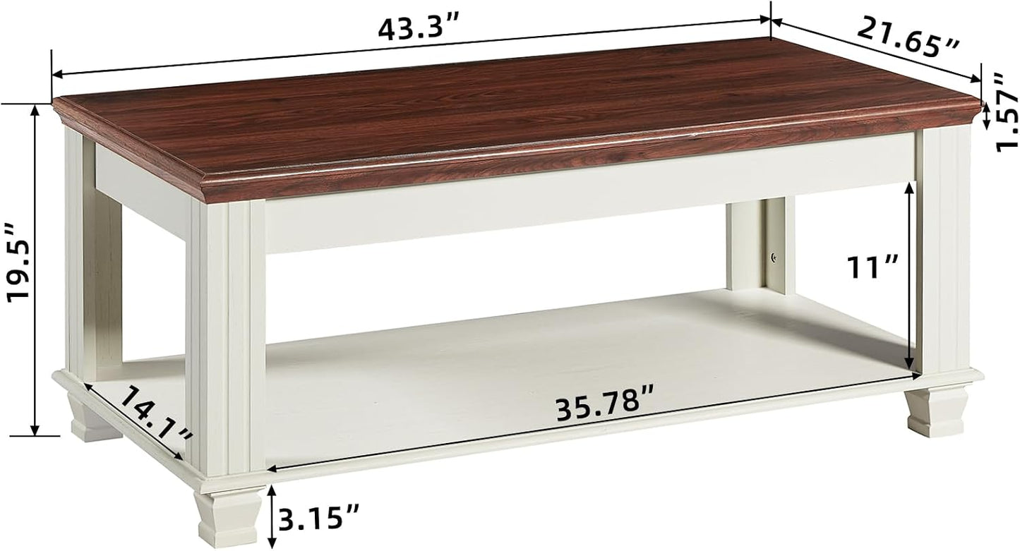 Farmhouse Walnut Coffee Table with Open Storage Shelf Rustic Wood Center Table