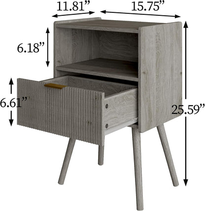 Modern Walnut Brown Fluted Nightstand with Drawer & Open Shelf