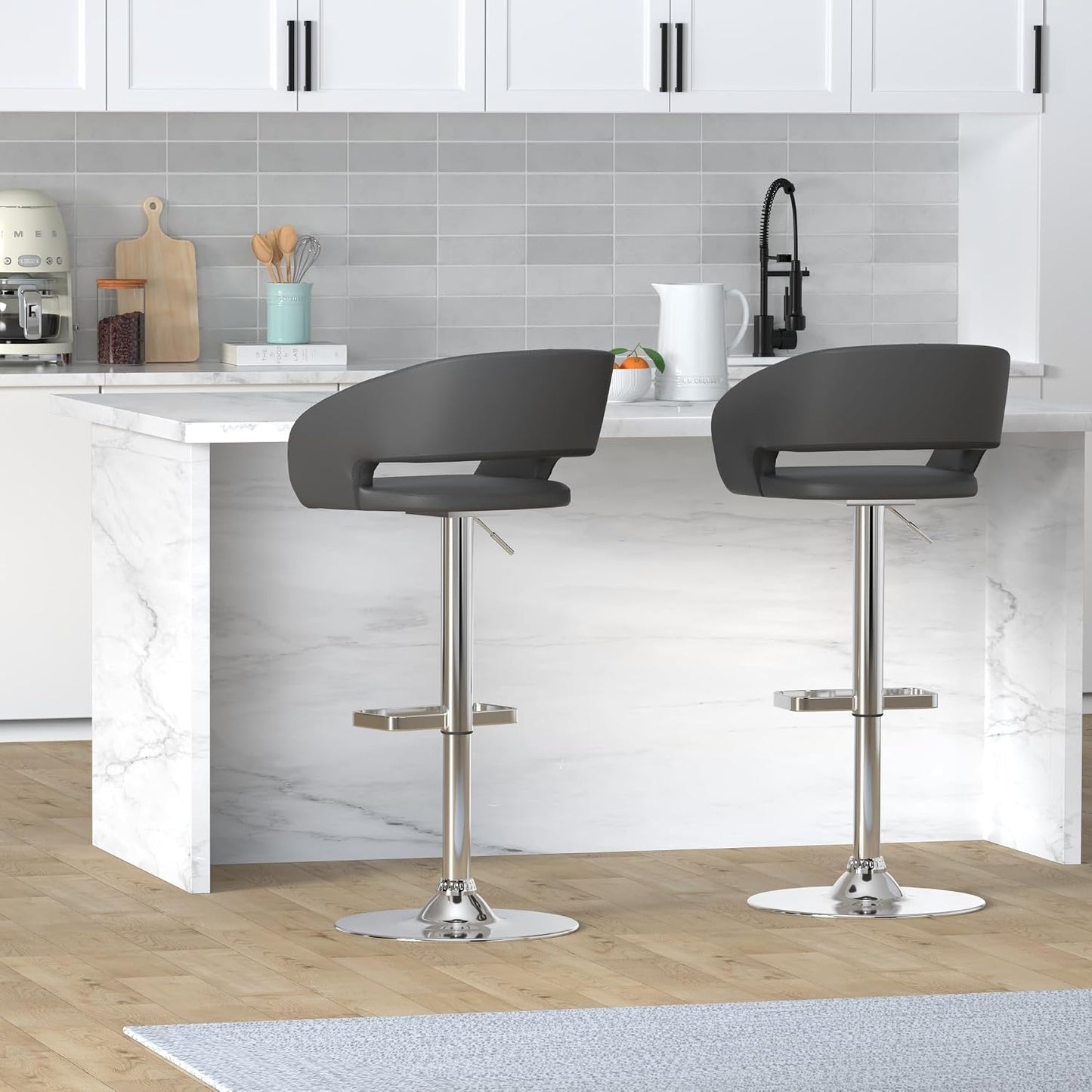 Black Adjustable Swivel Bar Stool Modern Faux Leather Counter Height Chair