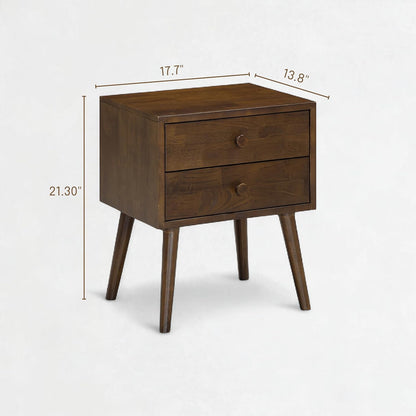 Solid Rubberwood 2-Drawer Nightstand – Sand Mid-Century Bedside Table