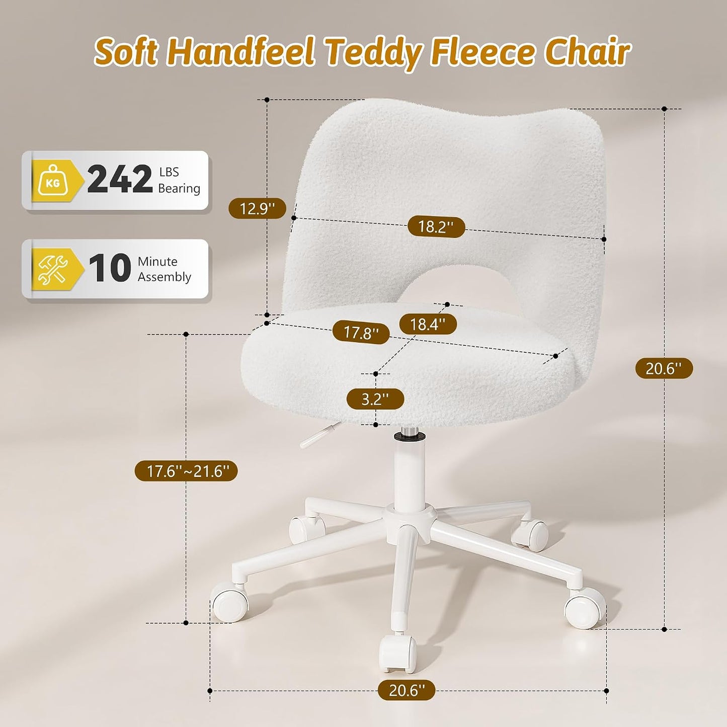White Teddy Vanity Chair Armless Adjustable Swivel Desk Chair with Wheels