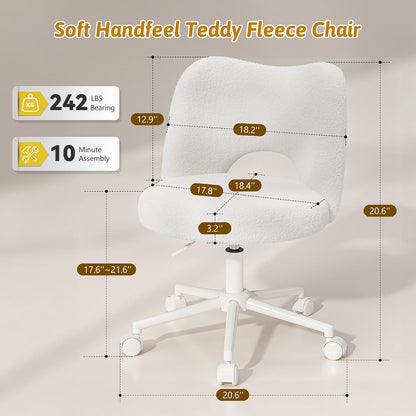 White Teddy Vanity Chair Armless Adjustable Swivel Desk Chair with Wheels
