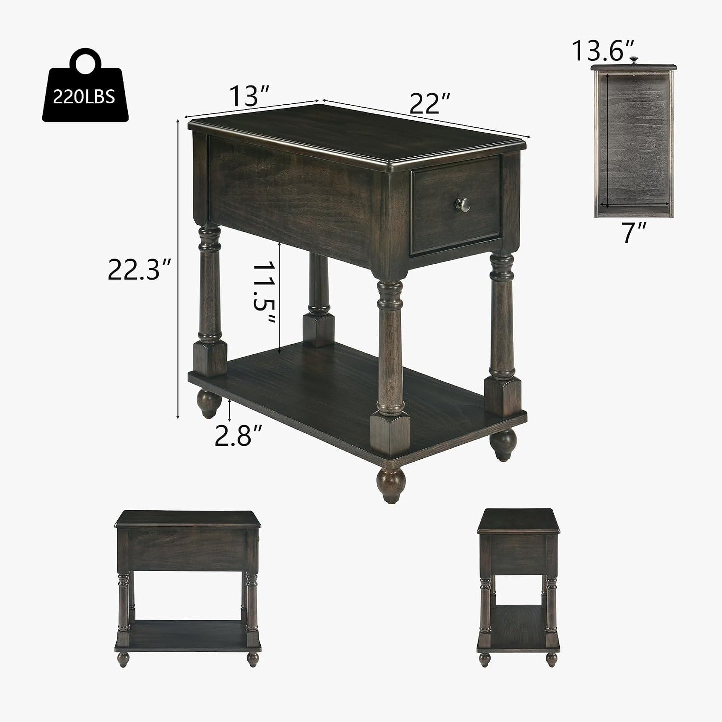 Solid Wood Narrow Nightstand with Drawer Cherry Brown Bedside End Table