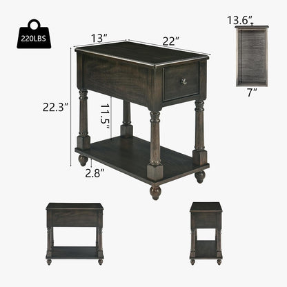 Solid Wood Narrow Nightstand with Drawer Cherry Brown Bedside End Table