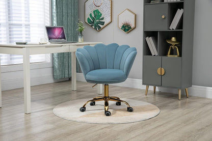 Blue Velvet Office Chair Adjustable Swivel Vanity Chair with Gold Base