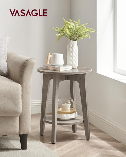 Round Wood Side Table with Lower Shelf Mid Century End Table