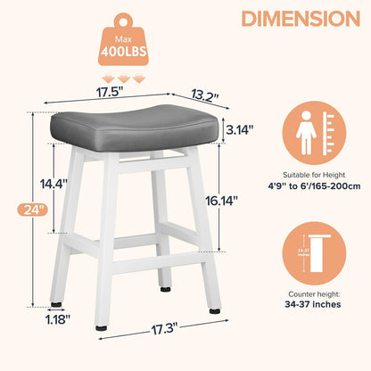 24 Inch Black Counter Height Bar Stools Set of 2 Bonded Leather Saddle Seats