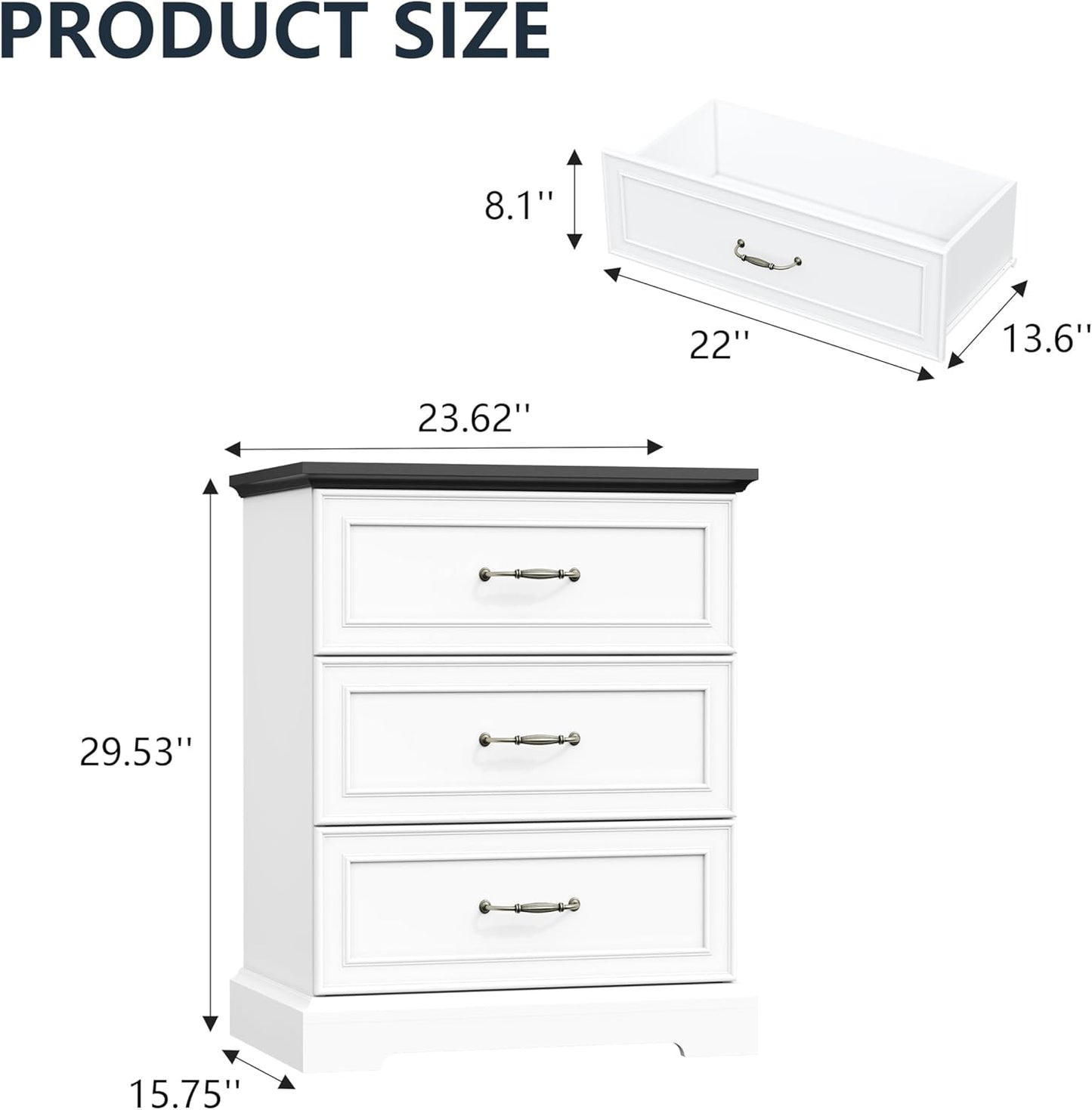 White Farmhouse Nightstand with 3 Drawers Wide Bedside Storage Table