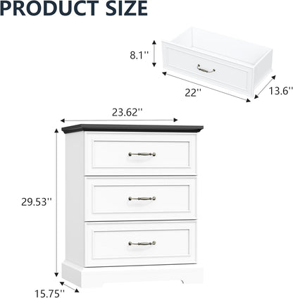White Farmhouse Nightstand with 3 Drawers Wide Bedside Storage Table