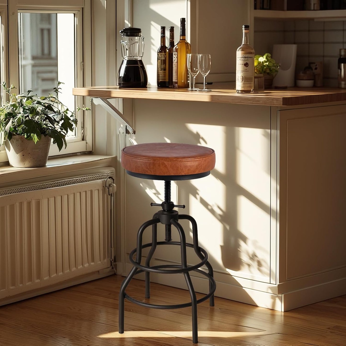 Industrial Swivel Bar Stools Set of 2 Adjustable Wood Counter Height Stools
