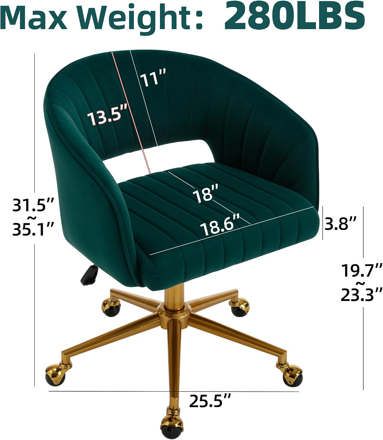 Red Velvet Swivel Desk Chair Adjustable Vanity Chair with Gold Base and Wheels
