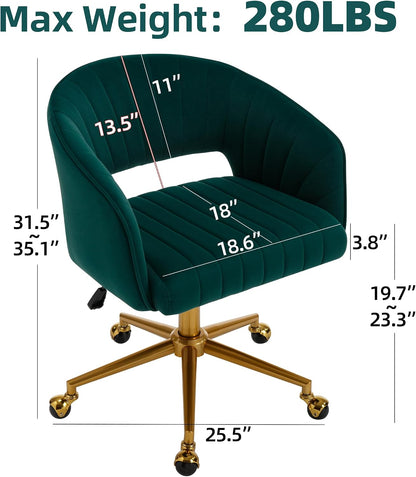 Red Velvet Swivel Desk Chair Adjustable Vanity Chair with Gold Base and Wheels