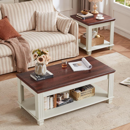 Farmhouse Walnut Coffee Table with Open Storage Shelf Rustic Wood Center Table