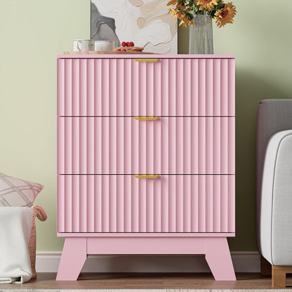 White Fluted Nightstand with 3 Drawers Modern Wide Bedside Table