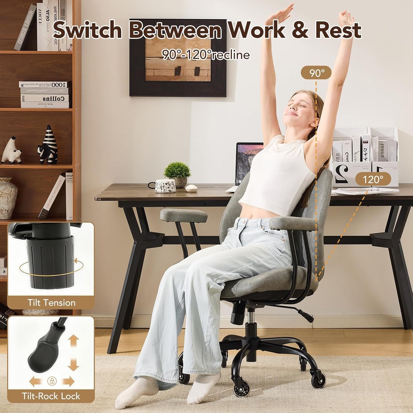 Brown Leather Office Chair Ergonomic Swivel Desk Chair with Lumbar Support and Wheels