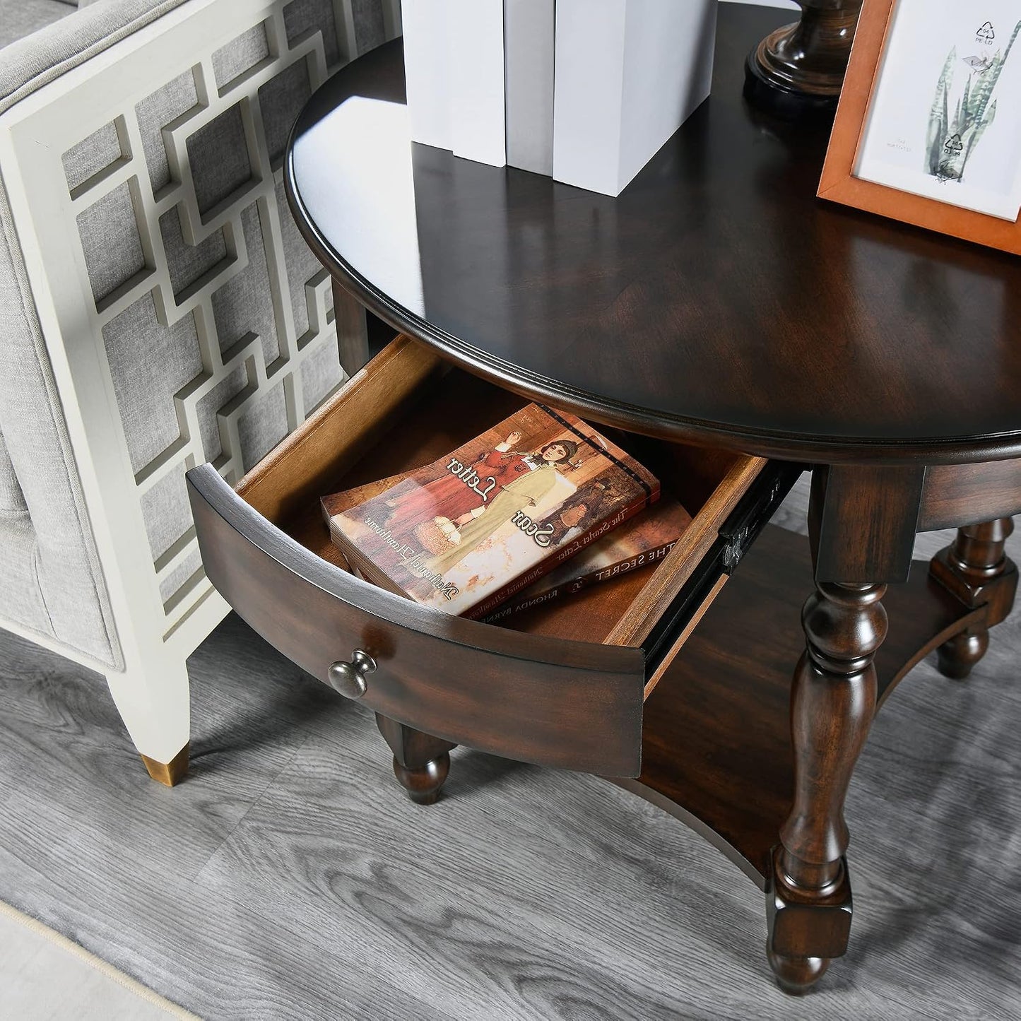 Solid Wood Oval End Table with Drawer and Lower Storage Shelf