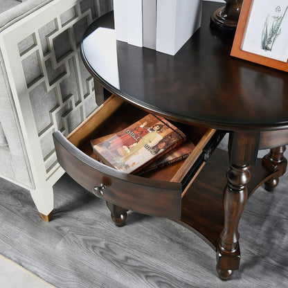 Solid Wood Oval End Table with Drawer and Lower Storage Shelf