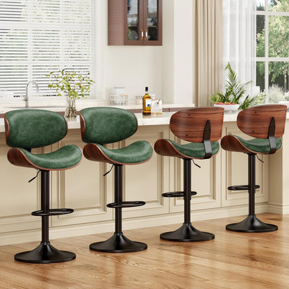 Adjustable Swivel Bar Stool Black PU Leather Walnut Bentwood Counter Chair