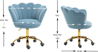 Blue Velvet Office Chair Adjustable Swivel Vanity Chair with Gold Base