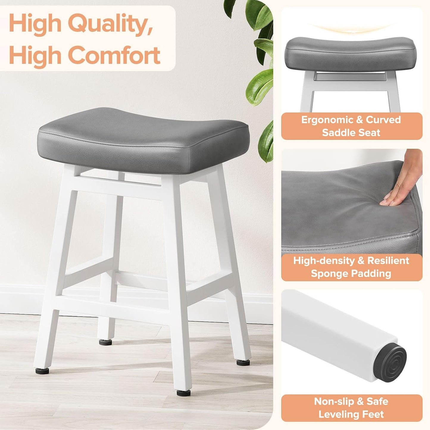 24 Inch Black Counter Height Bar Stools Set of 2 Bonded Leather Saddle Seats