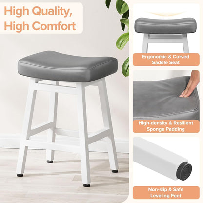 24 Inch Black Counter Height Bar Stools Set of 2 Bonded Leather Saddle Seats