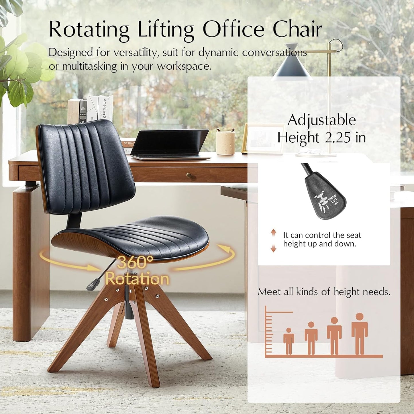 Sage Faux Leather Swivel Desk Chair Adjustable Height Wood Legs Mid Century