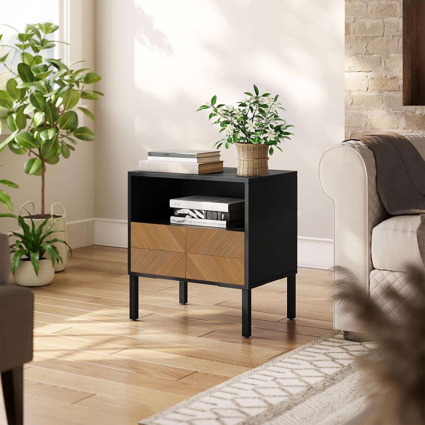 Solid Acacia Wood Herringbone Nightstand with Drawer & Open Shelf