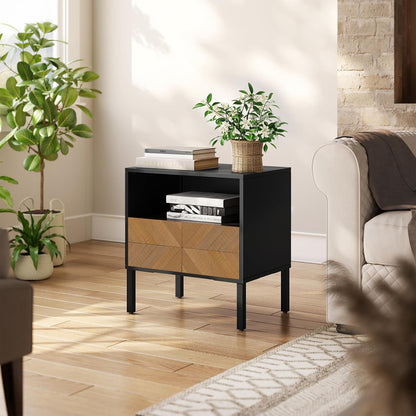 Solid Acacia Wood Herringbone Nightstand with Drawer & Open Shelf