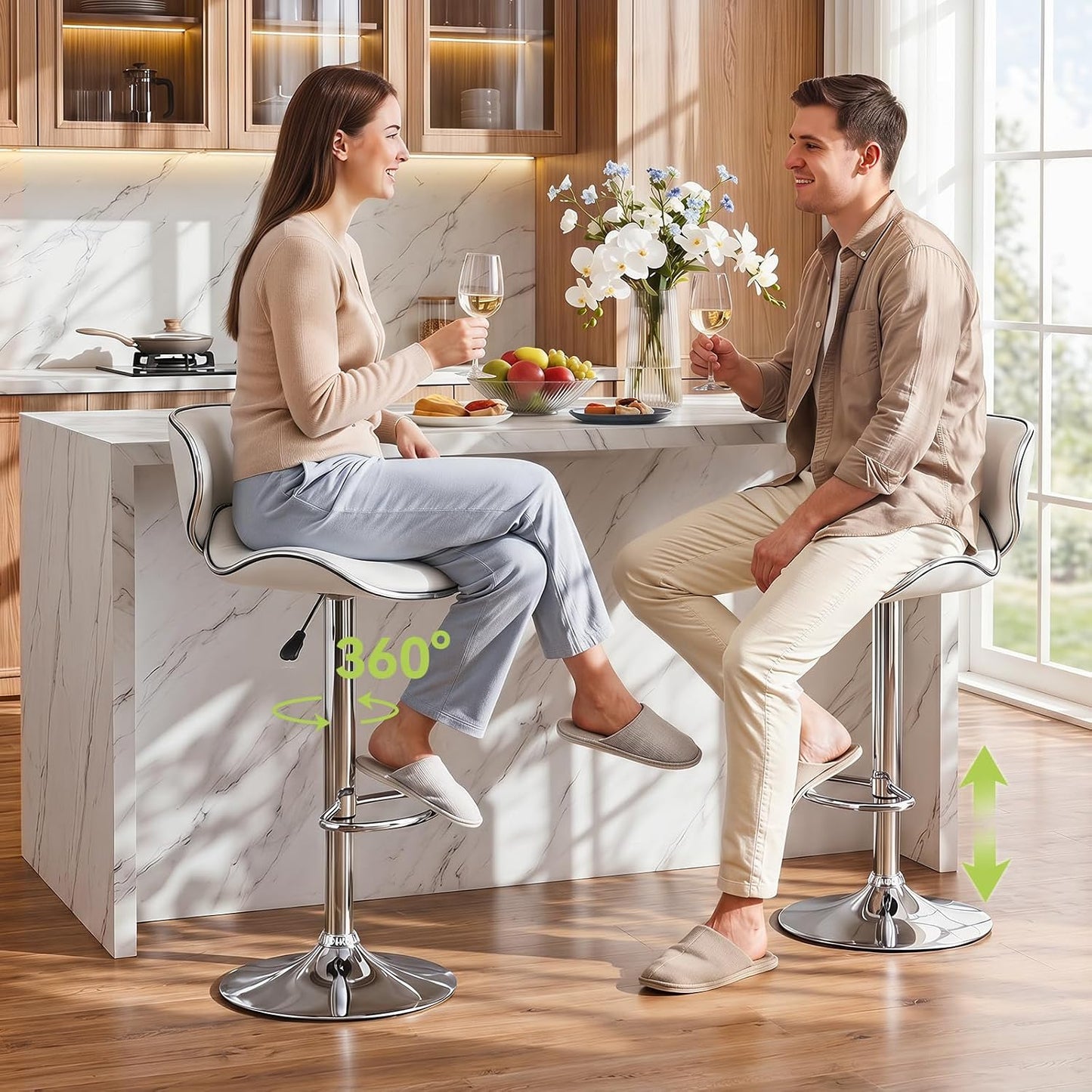 Blue Adjustable Bar Stools Set of 2 Modern Swivel Faux Leather Counter Chairs