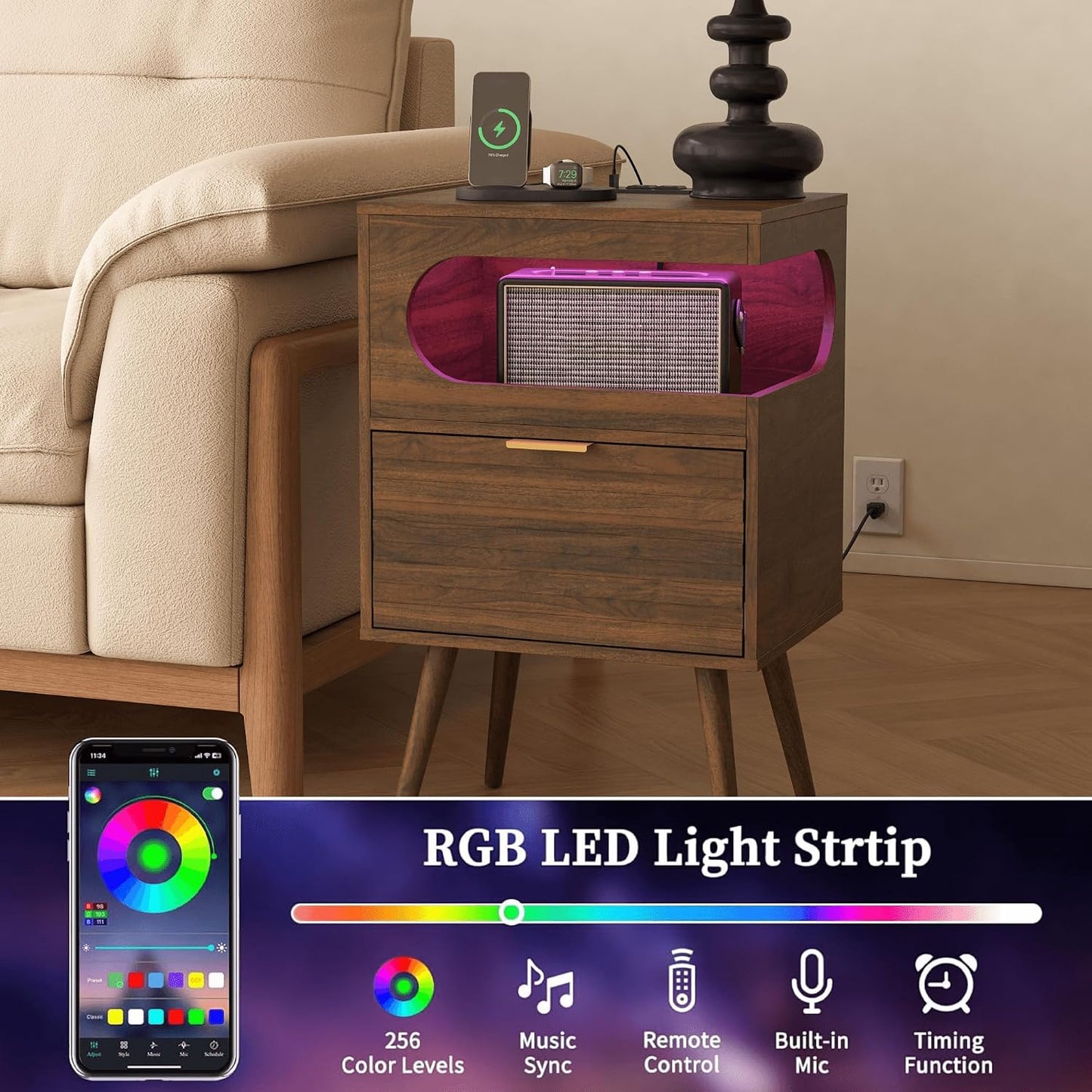 Modern Black Nightstand with Charging Station, LED Light & Storage Drawer