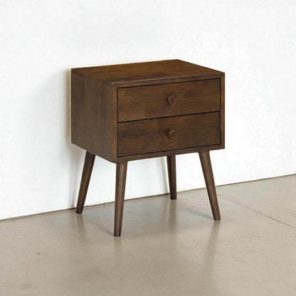 Solid Rubberwood 2-Drawer Nightstand – Sand Mid-Century Bedside Table