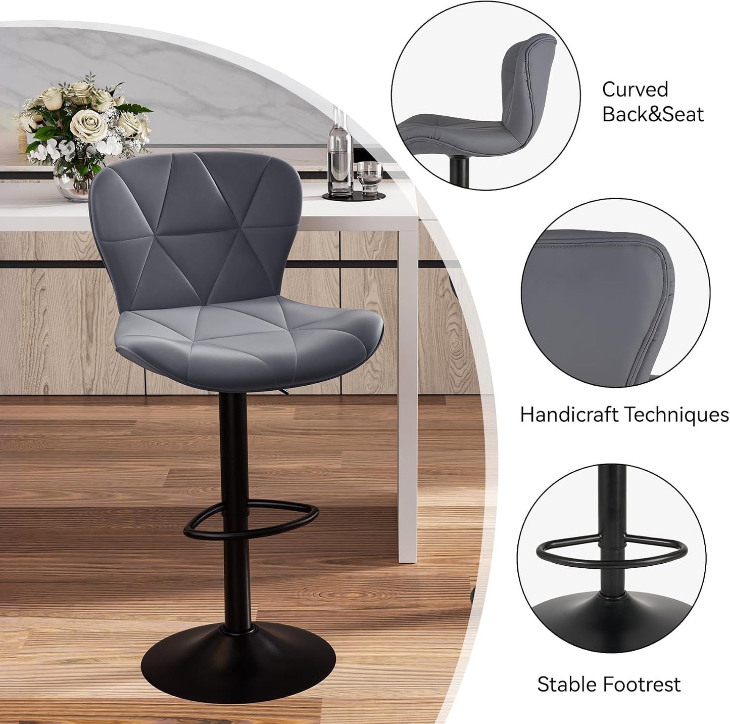 Black Swivel Bar Stools Set of 2 Adjustable Faux Leather Kitchen Chairs