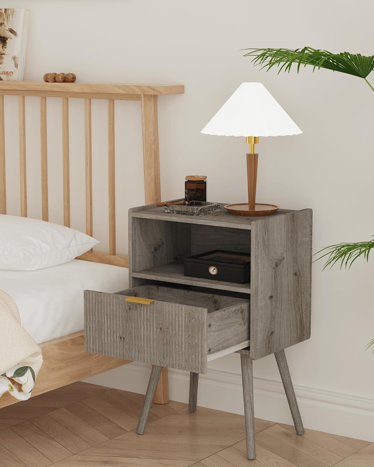 Modern Walnut Brown Fluted Nightstand with Drawer & Open Shelf