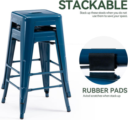 Black Metal Bar Stools Set of 2 Stackable Industrial Counter Height Seats