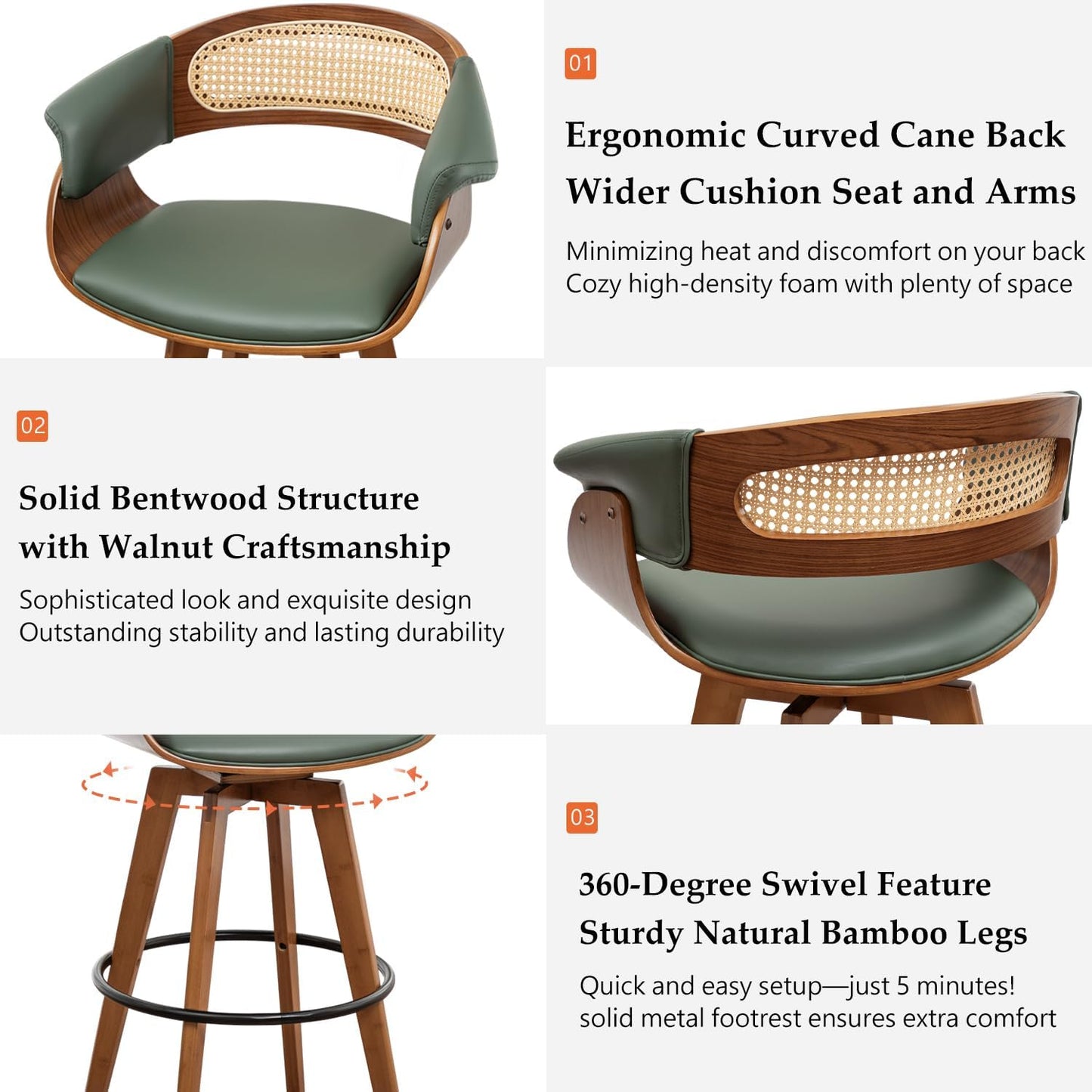 Walnut Cane Swivel Counter Stools Green Faux Leather Mid Century Set of 2