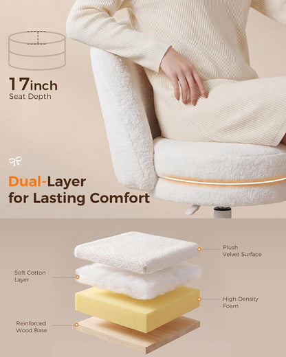 Pink Velvet Vanity Chair Adjustable Swivel Rolling Desk Chair with Lumbar Pillow