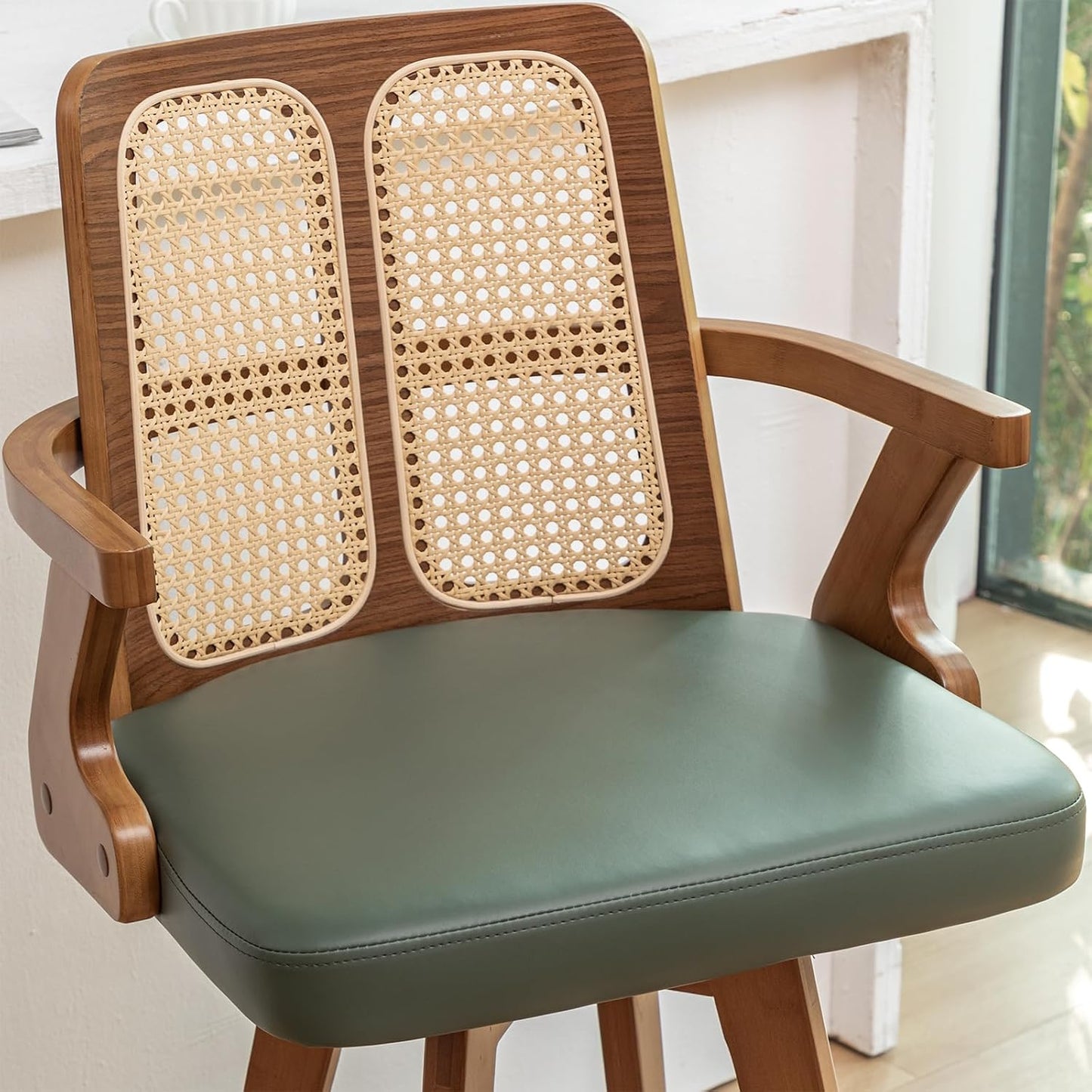 Walnut Rattan Swivel Bar Stools with Arms Beige Upholstered Seat Set of 2