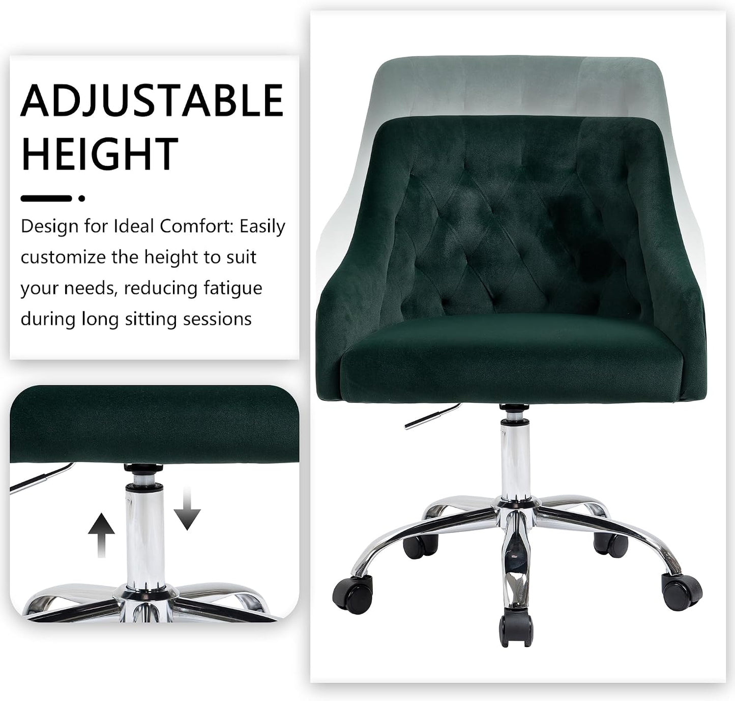 Ivory Velvet Office Chair Tufted Adjustable Swivel Vanity Chair with Wheels