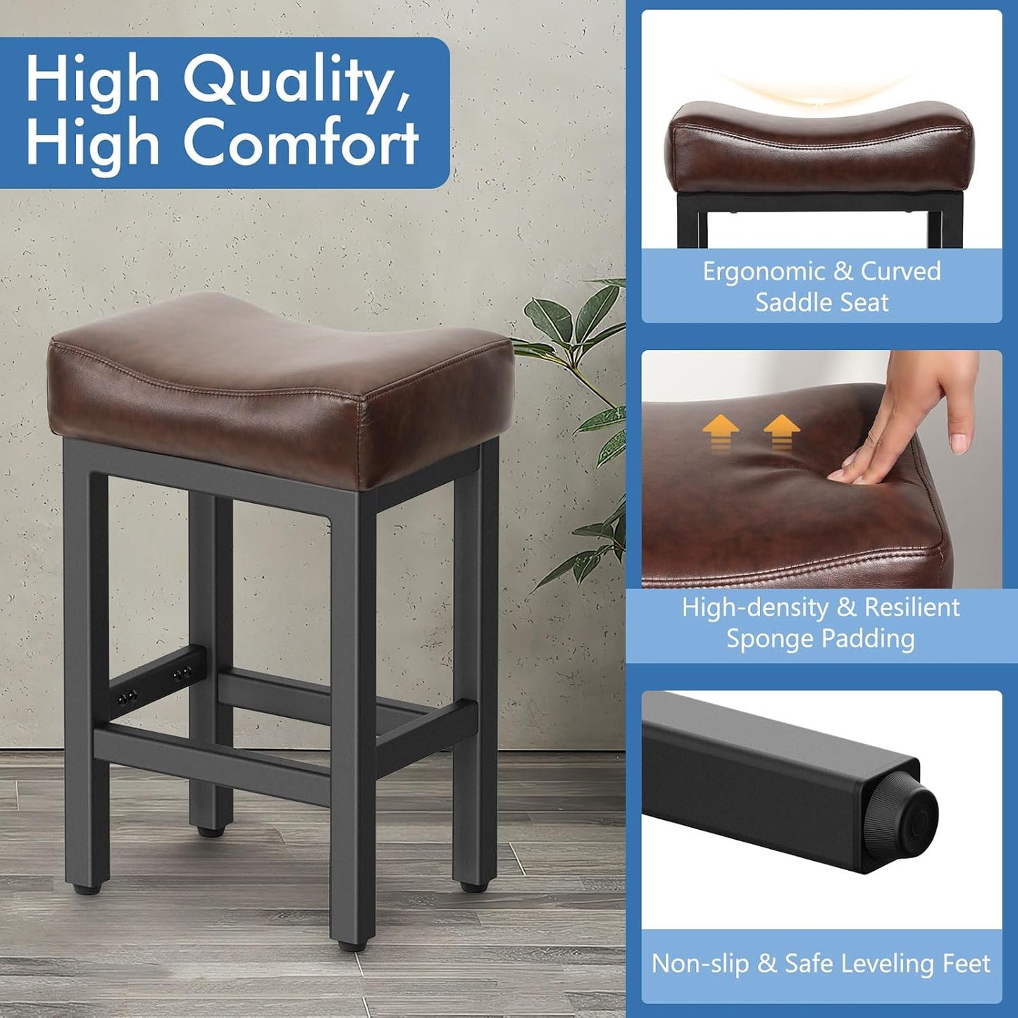 Gray Counter Height Bar Stools Set of 2 Upholstered Saddle Kitchen Seats