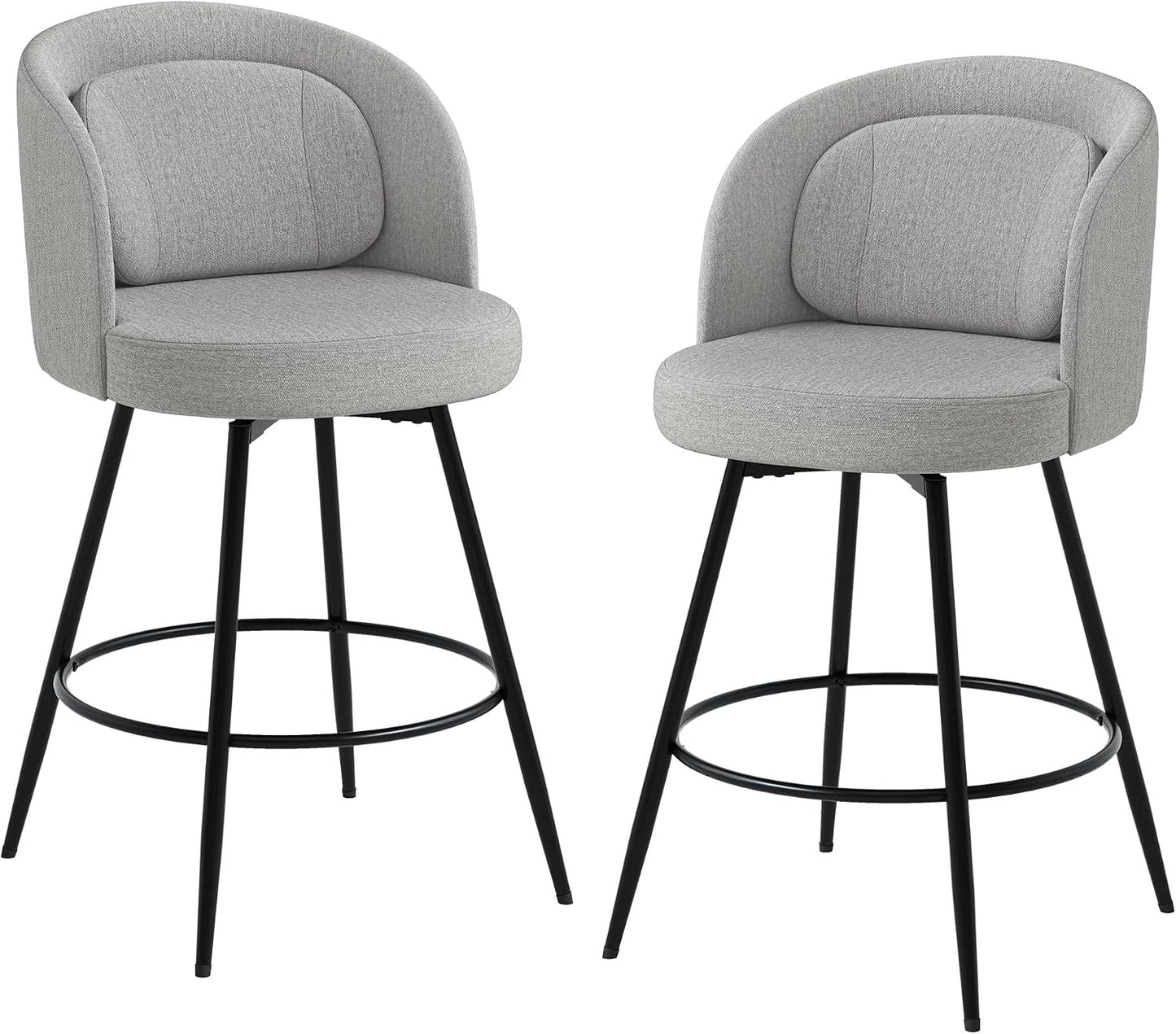 26 Inch Swivel Counter Height Bar Stools Linen Upholstered Black Metal Set of 2