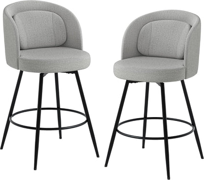 26 Inch Swivel Counter Height Bar Stools Linen Upholstered Black Metal Set of 2