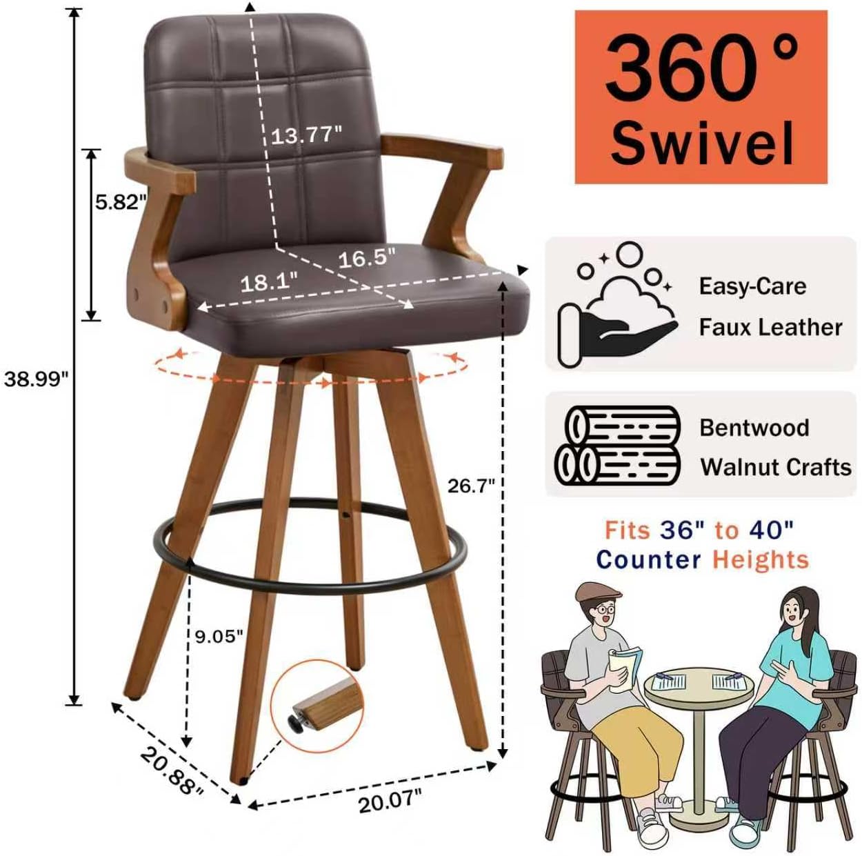 Walnut Black Swivel Counter Stool with Arms Mid Century Upholstered Bar Chair