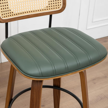 Walnut Rattan Counter Stool with Cane Back Grey Fabric Seat 26 Inch
